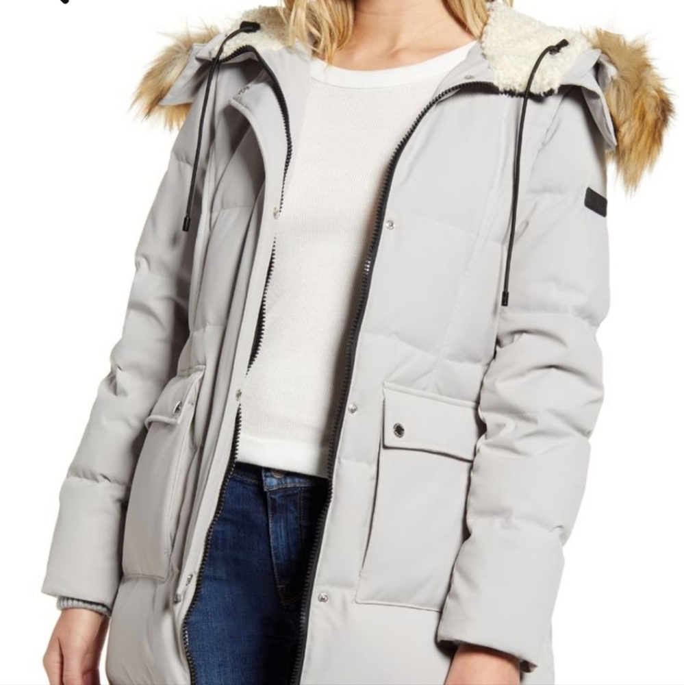SAM EDELMAN Down & Feather Puffer Coat with Faux Fur Trim Size Small
